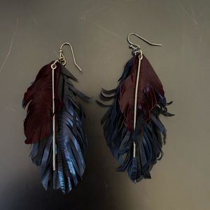 Vegan leather layered feathers and gold earrings